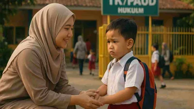 Seorang ibu muslimah berjilbab menenangkan anak laki-lakinya yang terlihat cemas di depan gerbang sekolah TK/PAUD.