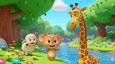 Ilustrasi kartun bergaya Cocomelon menampilkan kancil, domba, dan jerapah di tepi sungai dengan latar hutan hijau penuh bunga.