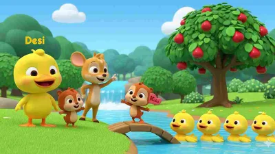 Ilustrasi animasi anak bergaya Cocomelon tentang persahabatan Bebek Desi, Tupai Koko, dan Kancil di tepi sungai dengan pohon jambu air.