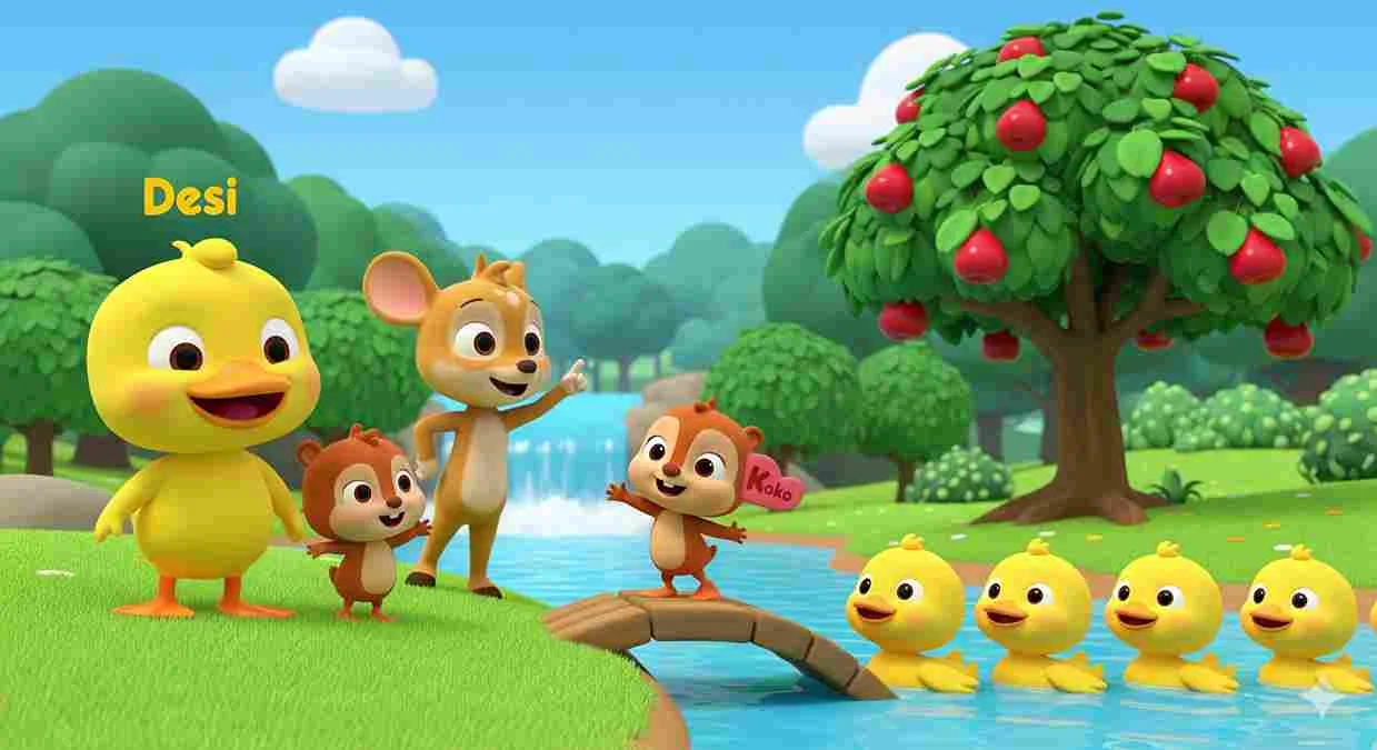 Ilustrasi animasi anak bergaya Cocomelon tentang persahabatan Bebek Desi, Tupai Koko, dan Kancil di tepi sungai dengan pohon jambu air.