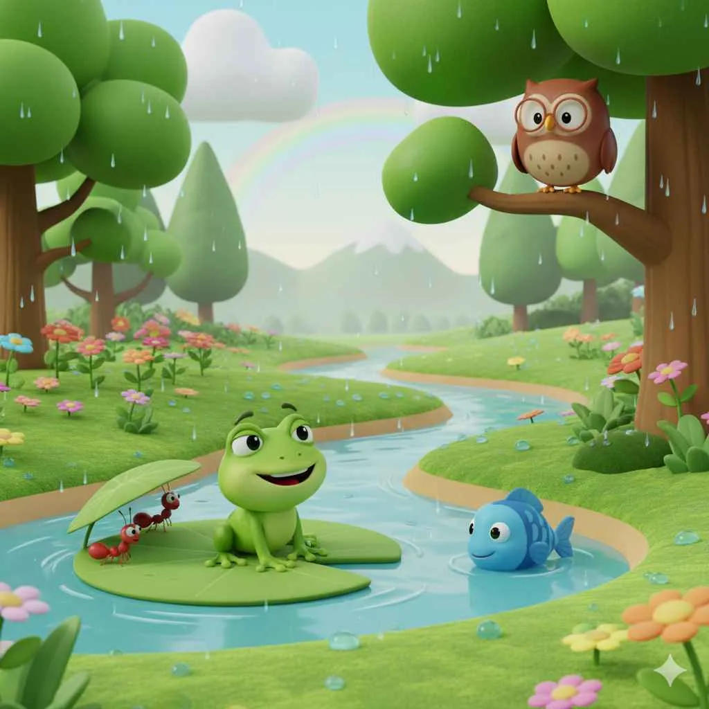 Ilustrasi dongeng anak bergaya Cocomelon menampilkan katak bernama Frozo di atas daun teratai, semut kecil berteduh, ikan biru berenang, dan burung hantu di pohon saat hujan.