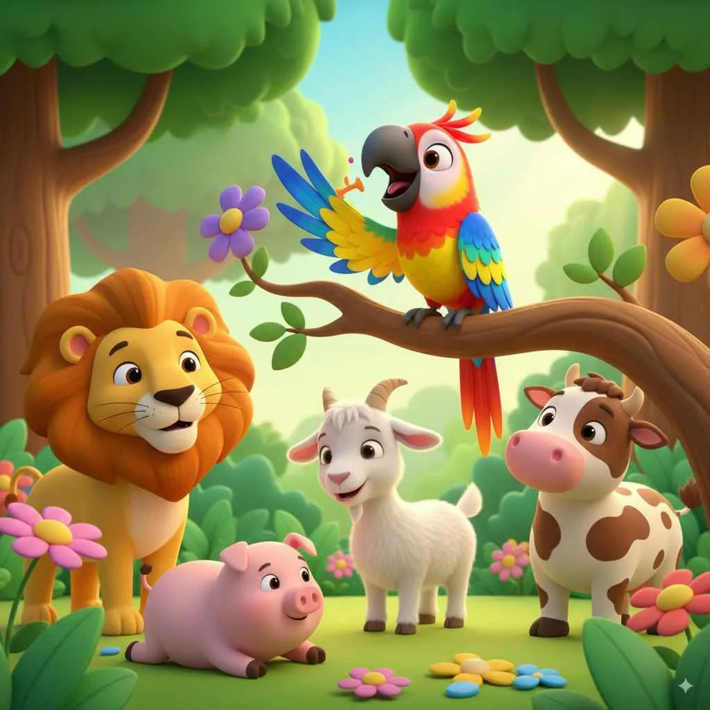 Ilustrasi dongeng anak burung beo si peniru bersama singa, kambing, babi, dan sapi di hutan.