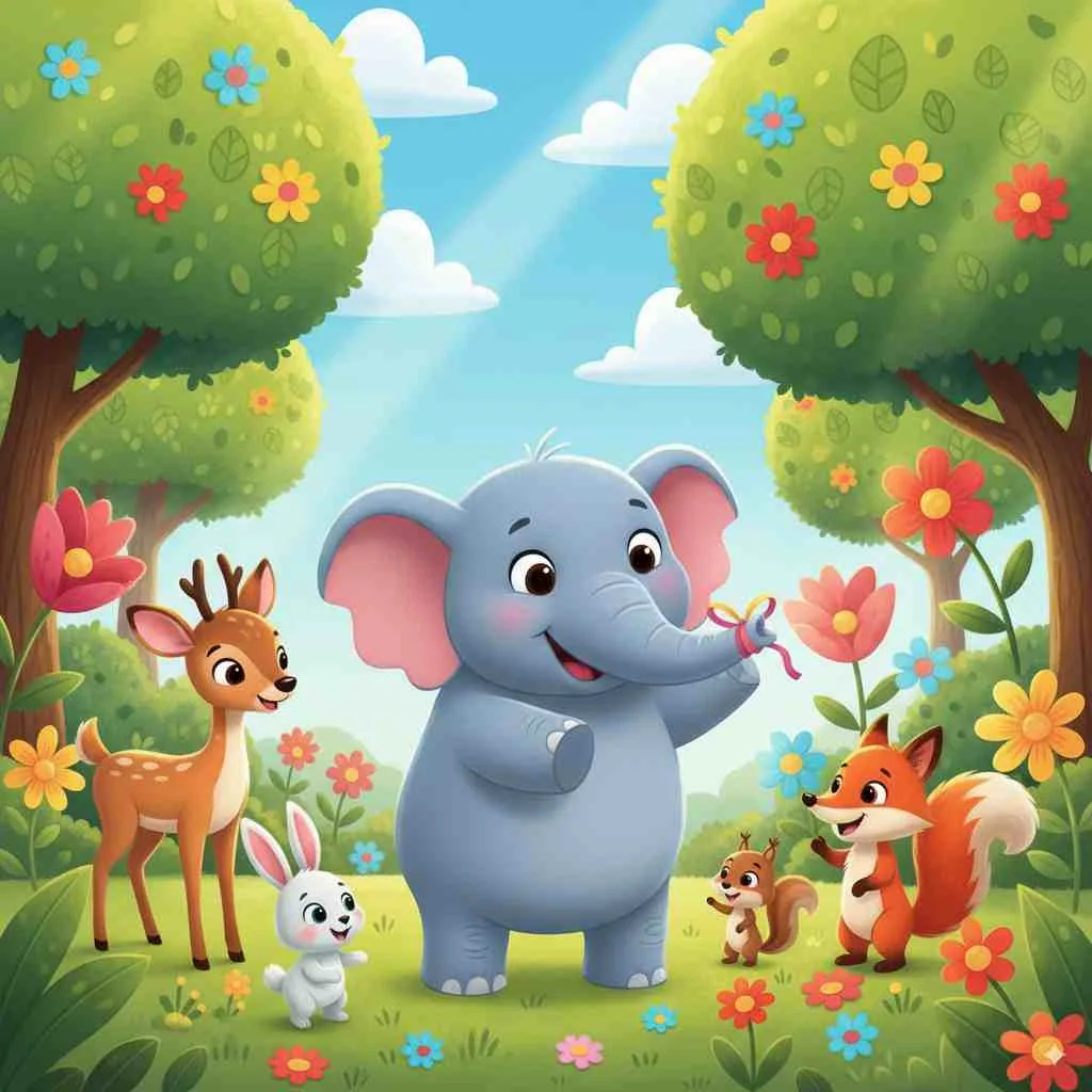 Ilustrasi Evan si gajah pelupa bersama teman-temannya di hutan, bergaya kartun ceria.