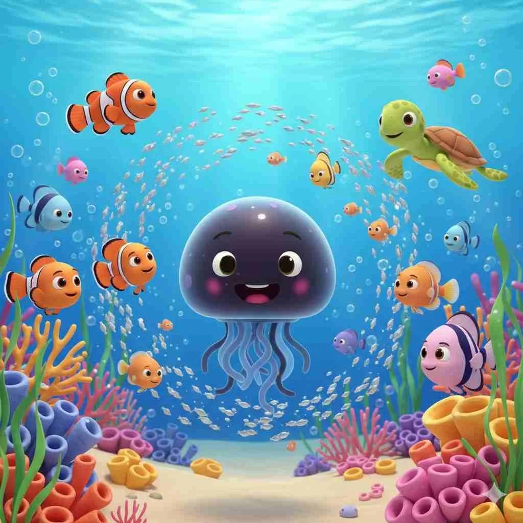 Ilustrasi ubur-ubur hitam ceria dikelilingi ikan badut, kura-kura laut, dan hewan laut berwarna-warni di bawah laut bergaya animasi Cocomelon.