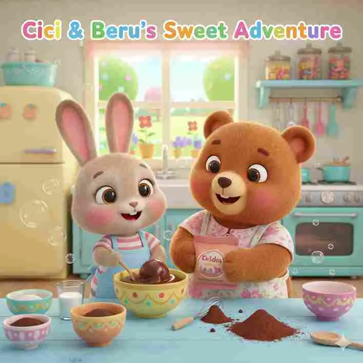 Ilustrasi bergaya Cocomelon menampilkan kelinci kecil Cici dan Bu Beru si beruang sedang membuat es krim cokelat bersama di dapur ceria.