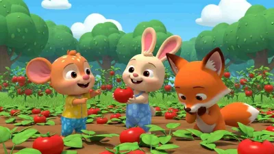 Ilustrasi dongeng anak bergaya Cocomelon menampilkan Kancil, Kelinci, dan Rubah di kebun tomat penuh warna cerah.