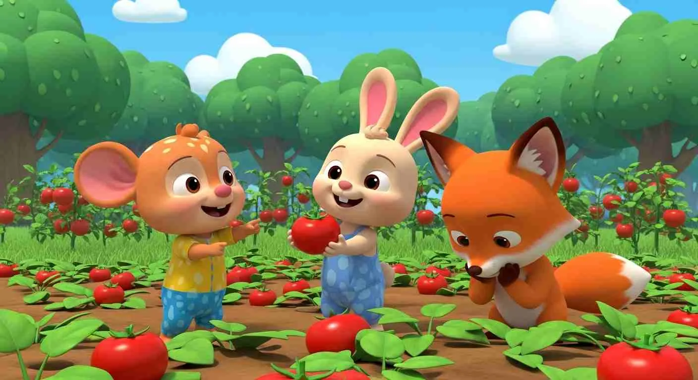 Ilustrasi dongeng anak bergaya Cocomelon menampilkan Kancil, Kelinci, dan Rubah di kebun tomat penuh warna cerah.