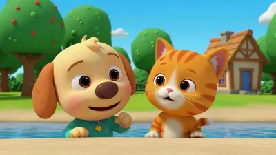 Anjing lucu dan kucing imut sedang duduk bersama di tepi sungai dengan latar rumah dan pepohonan hijau bergaya animasi Cocomelon.