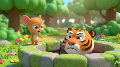 Ilustrasi dongeng anak bergaya Cocomelon, kancil kecil berdiri di tepi sumur sambil tersenyum, sedangkan harimau terjebak di dalam sumur dengan ekspresi marah