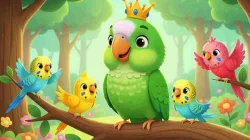 Ilustrasi Raja Parkit yang cerdik memakai mahkota emas bersama burung-burung kecil di hutan, gaya kartun ceria seperti Cocomelon.