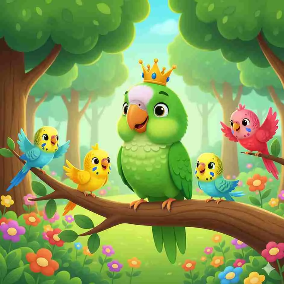 Ilustrasi Raja Parkit yang cerdik memakai mahkota emas bersama burung-burung kecil di hutan, gaya kartun ceria seperti Cocomelon.