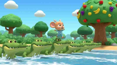 Ilustrasi kancil menyeberangi sungai dengan melompati punggung buaya untuk mencapai pohon buah di seberang.