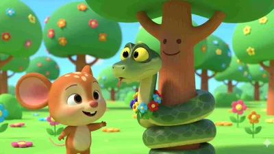 Ilustrasi dongeng anak bergaya kartun 3D ceria menampilkan Kancil kecil yang cerdik bersama ular besar yang terikat di pohon dengan kalung bunga warna-warni.