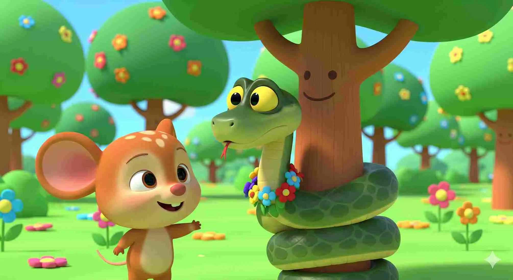 Ilustrasi dongeng anak bergaya kartun 3D ceria menampilkan Kancil kecil yang cerdik bersama ular besar yang terikat di pohon dengan kalung bunga warna-warni.