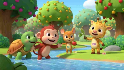 Ilustrasi bergaya Cocomelon menampilkan monyet, kura-kura, kancil, dan Fifi si jerapah kecil di tepi sungai dengan latar pohon buah yang lebat.