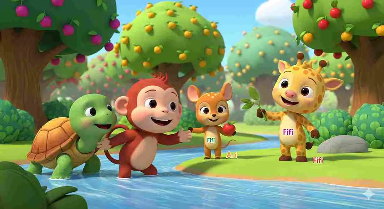 Ilustrasi bergaya Cocomelon menampilkan monyet, kura-kura, kancil, dan Fifi si jerapah kecil di tepi sungai dengan latar pohon buah yang lebat.