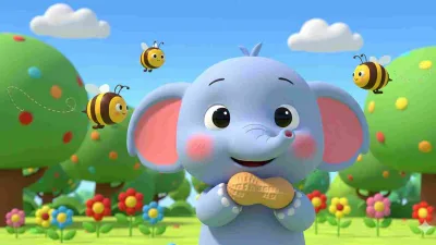 Gajah kecil lucu memegang kacang dikelilingi lebah di taman ceria.