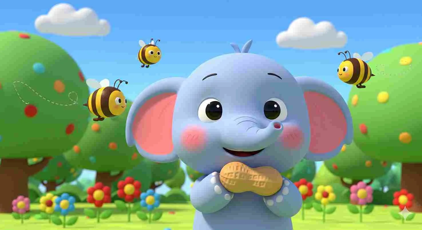 Gajah kecil lucu memegang kacang dikelilingi lebah di taman ceria.