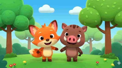 Ilustrasi kartun bergaya Cocomelon menampilkan rubah oranye dan babi hutan cokelat berdiri bersama di hutan hijau cerah.