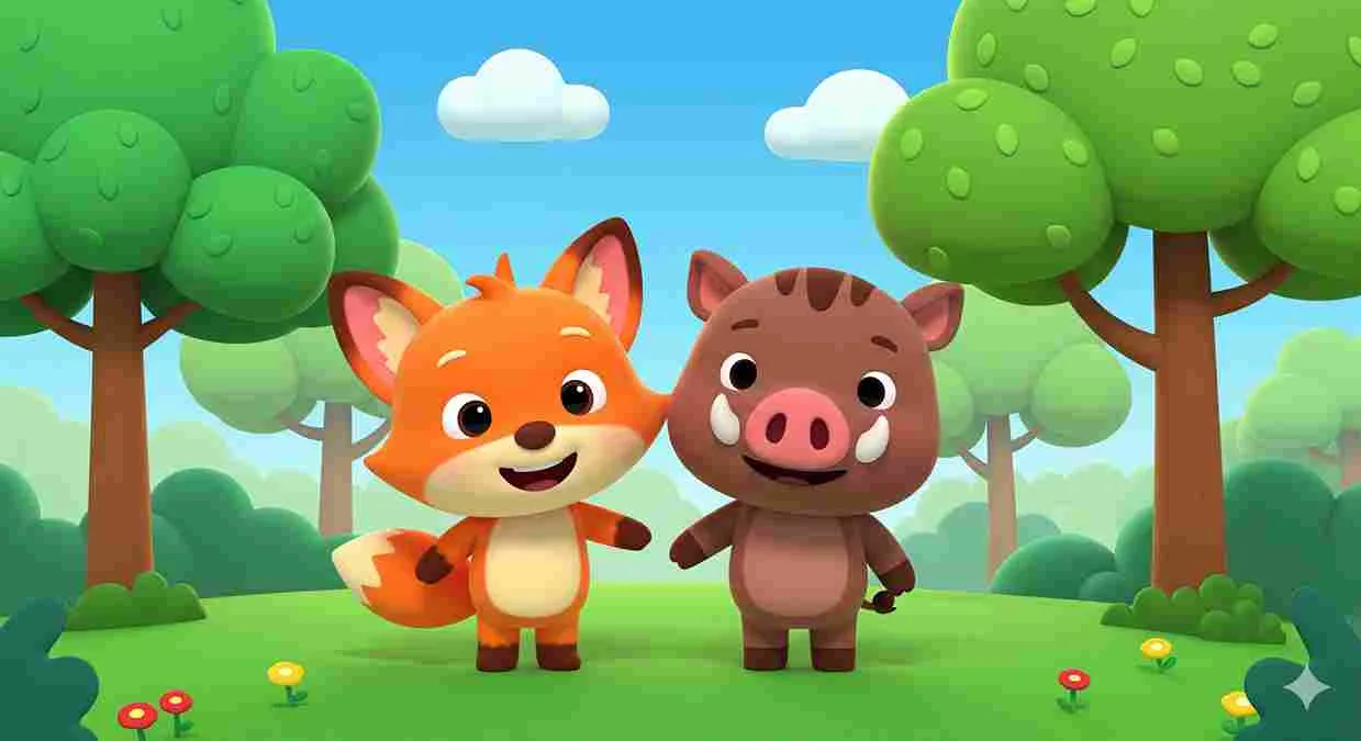 Ilustrasi kartun bergaya Cocomelon menampilkan rubah oranye dan babi hutan cokelat berdiri bersama di hutan hijau cerah.