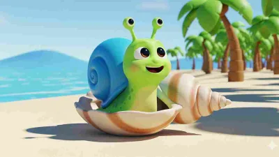 Ilustrasi siput kecil bernama Puput yang menemukan rumah barunya berupa cangkang kerang di tepi pantai, bergaya animasi 3D ceria.