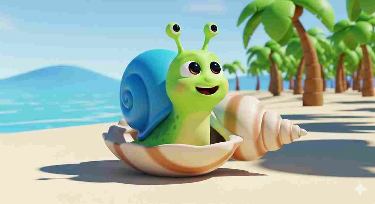 Ilustrasi siput kecil bernama Puput yang menemukan rumah barunya berupa cangkang kerang di tepi pantai, bergaya animasi 3D ceria.