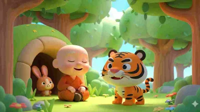 Ilustrasi dongeng anak asal usul harimau berkulit belang, menampilkan pertapa bijak, seekor kelinci, dan harimau di hutan bergaya kartun Cocomelon.