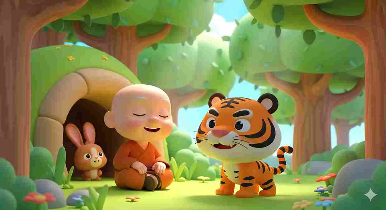 Ilustrasi dongeng anak asal usul harimau berkulit belang, menampilkan pertapa bijak, seekor kelinci, dan harimau di hutan bergaya kartun Cocomelon.