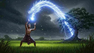 “Ilustrasi Ki Ageng Selo menangkap petir berbentuk naga di sawah, terikat pada pohon besar, legenda cerita rakyat Jawa Tengah.”
