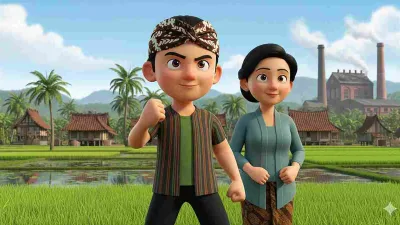 Animasi 3D bergaya Upin Ipin menampilkan Sarip Tambak Oso bersama ibunya di desa Jawa, dengan latar sawah, rumah tradisional, dan pabrik gula Belanda.