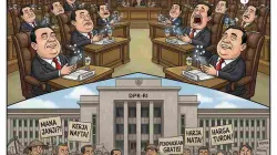 Karikatur sidang DPR-RI yang menunjukkan wakil rakyat tertidur dan sibuk bermain ponsel, sementara rakyat kecil berunjuk rasa di depan gedung DPR menuntut janji, keadilan, dan kesejahteraan