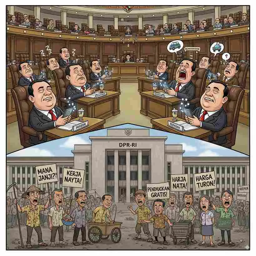 Karikatur sidang DPR-RI yang menunjukkan wakil rakyat tertidur dan sibuk bermain ponsel, sementara rakyat kecil berunjuk rasa di depan gedung DPR menuntut janji, keadilan, dan kesejahteraan
