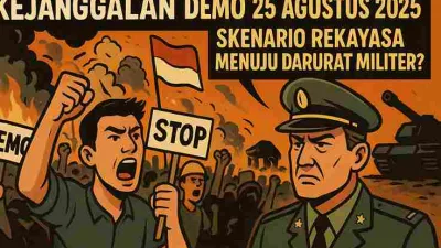 "Karikatur politik kerusuhan demo Indonesia 25 Agustus 2025 dengan bayangan darurat militer dan dalang tersembunyi di balik layar."