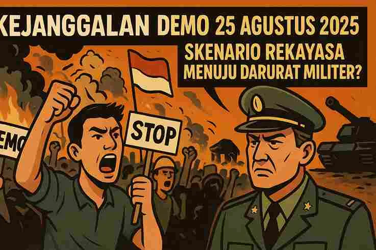 "Karikatur politik kerusuhan demo Indonesia 25 Agustus 2025 dengan bayangan darurat militer dan dalang tersembunyi di balik layar."