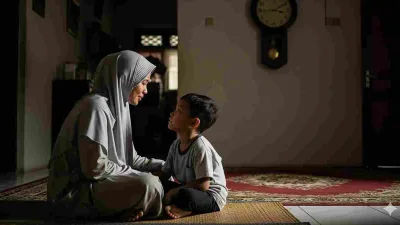 Ibu muslimah berhijab menasihati anaknya dengan lembut di rumah, contoh pola asuh Islami sesuai zaman.