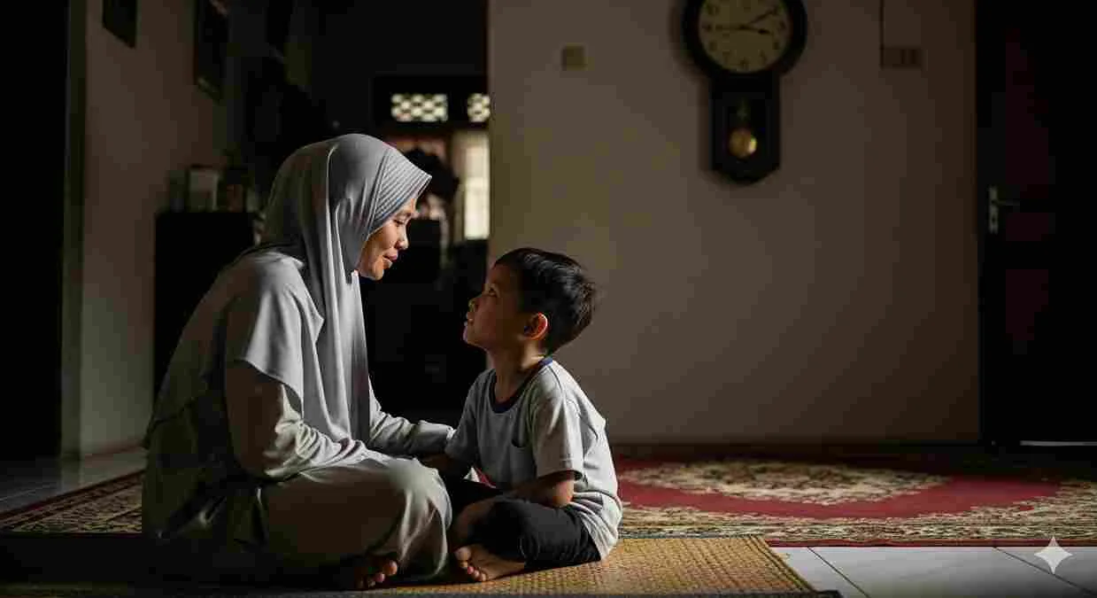 Ibu muslimah berhijab menasihati anaknya dengan lembut di rumah, contoh pola asuh Islami sesuai zaman.