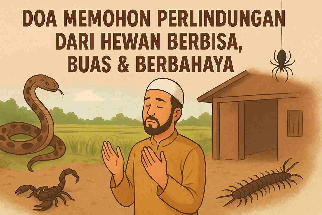 Ilustrasi seorang muslim berdoa memohon perlindungan dari hewan berbisa seperti ular, kalajengking, lipan, dan laba-laba di sekitar rumah pedesaan.