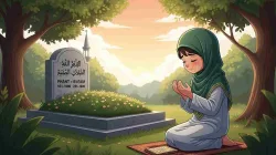 Seorang anak muslim berdoa khusyuk di samping makam orang tuanya dengan suasana tenang dan penuh haru.