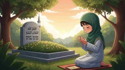 Seorang anak muslim berdoa khusyuk di samping makam orang tuanya dengan suasana tenang dan penuh haru.
