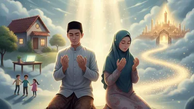 Pasangan muslim berdoa dengan khusyuk, cahaya langit menyinari, simbol dunia dan akhirat tergambar seimbang.