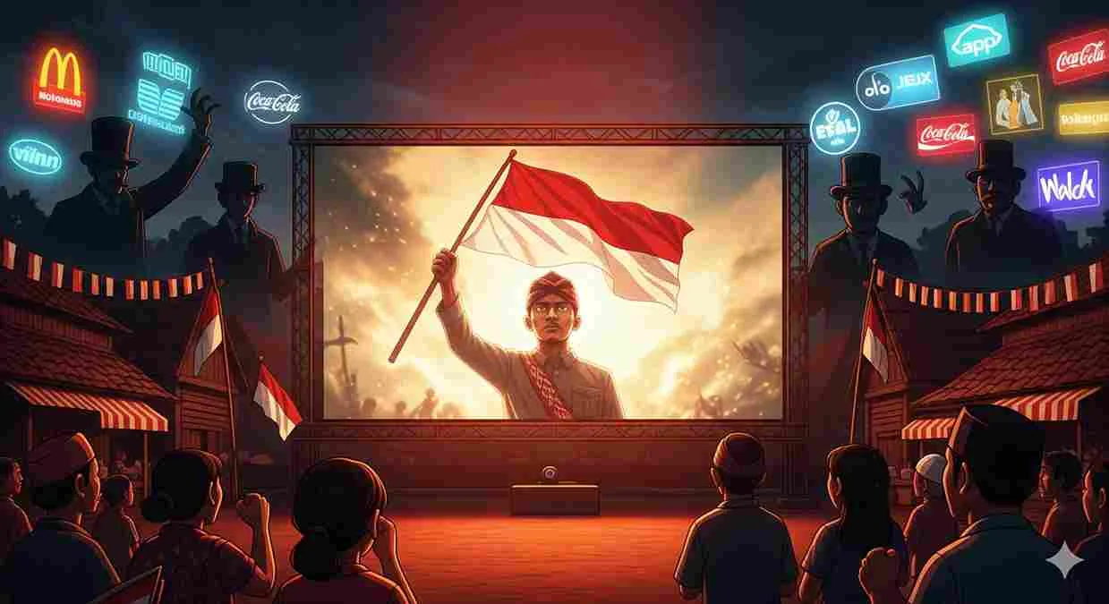 Ilustrasi rakyat menonton layar tancap di desa yang menayangkan film pahlawan membawa bendera Merah Putih, dikelilingi bayangan kapitalis dan iklan asing.