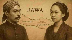 "Ilustrasi tempo dulu orang Jawa dan Sunda dengan latar peta Pulau Jawa."