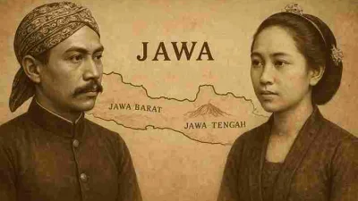 "Ilustrasi tempo dulu orang Jawa dan Sunda dengan latar peta Pulau Jawa."