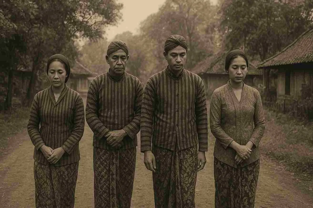 Foto orang Jawa tempo dulu mengenakan pakaian tradisional lurik dan jarik, menggambarkan falsafah hidup gremet-gremet waton slamet.