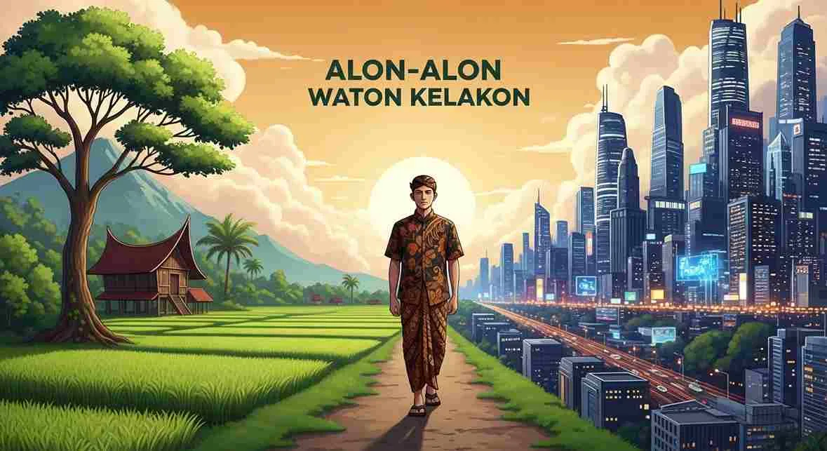 Ilustrasi filosofi Jawa Alon-Alon Waton Kelakon, pemuda berbusana batik berjalan di antara pedesaan Jawa dan kota modern.