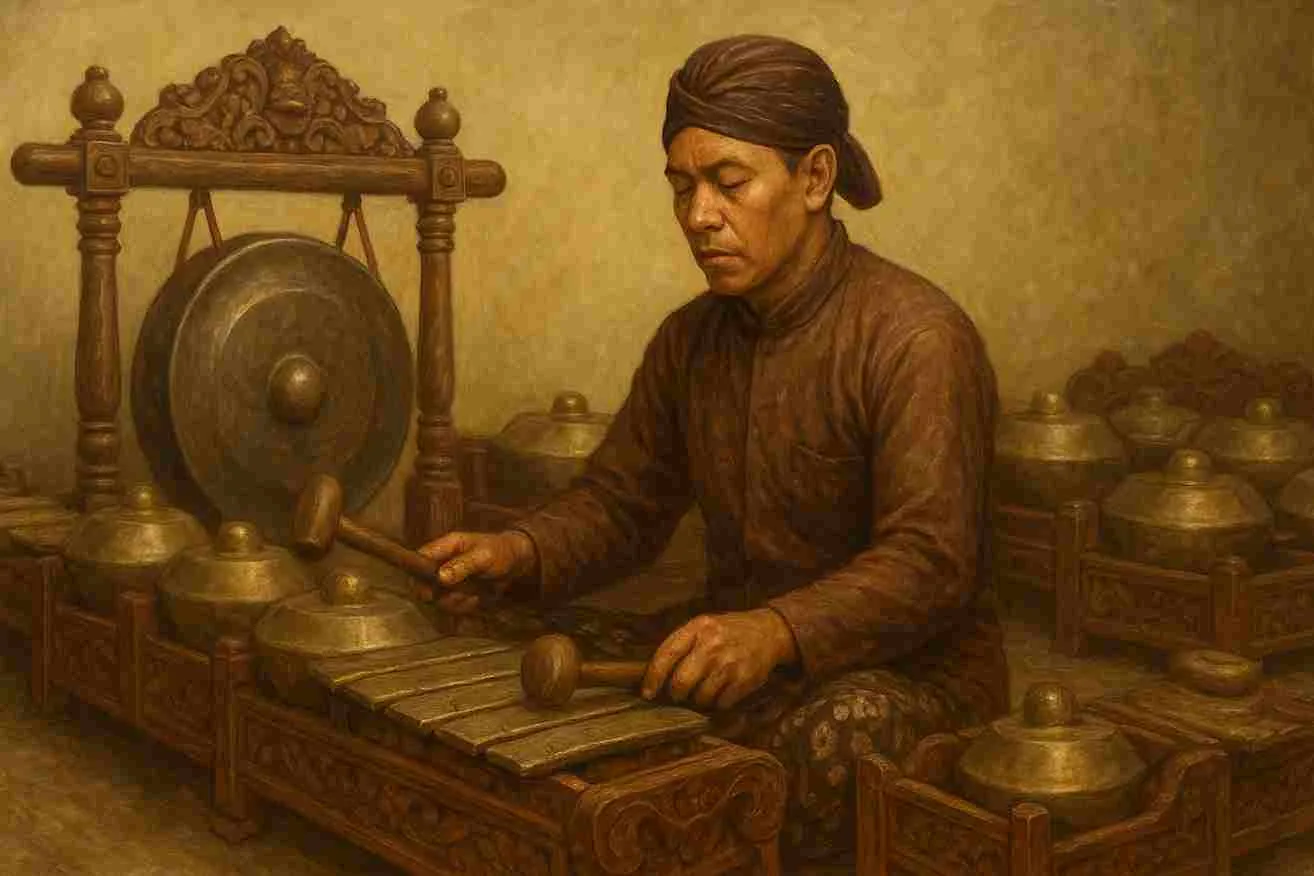 Seorang pria Jawa tempo dulu memainkan gamelan tradisional dengan pakaian adat sederhana.