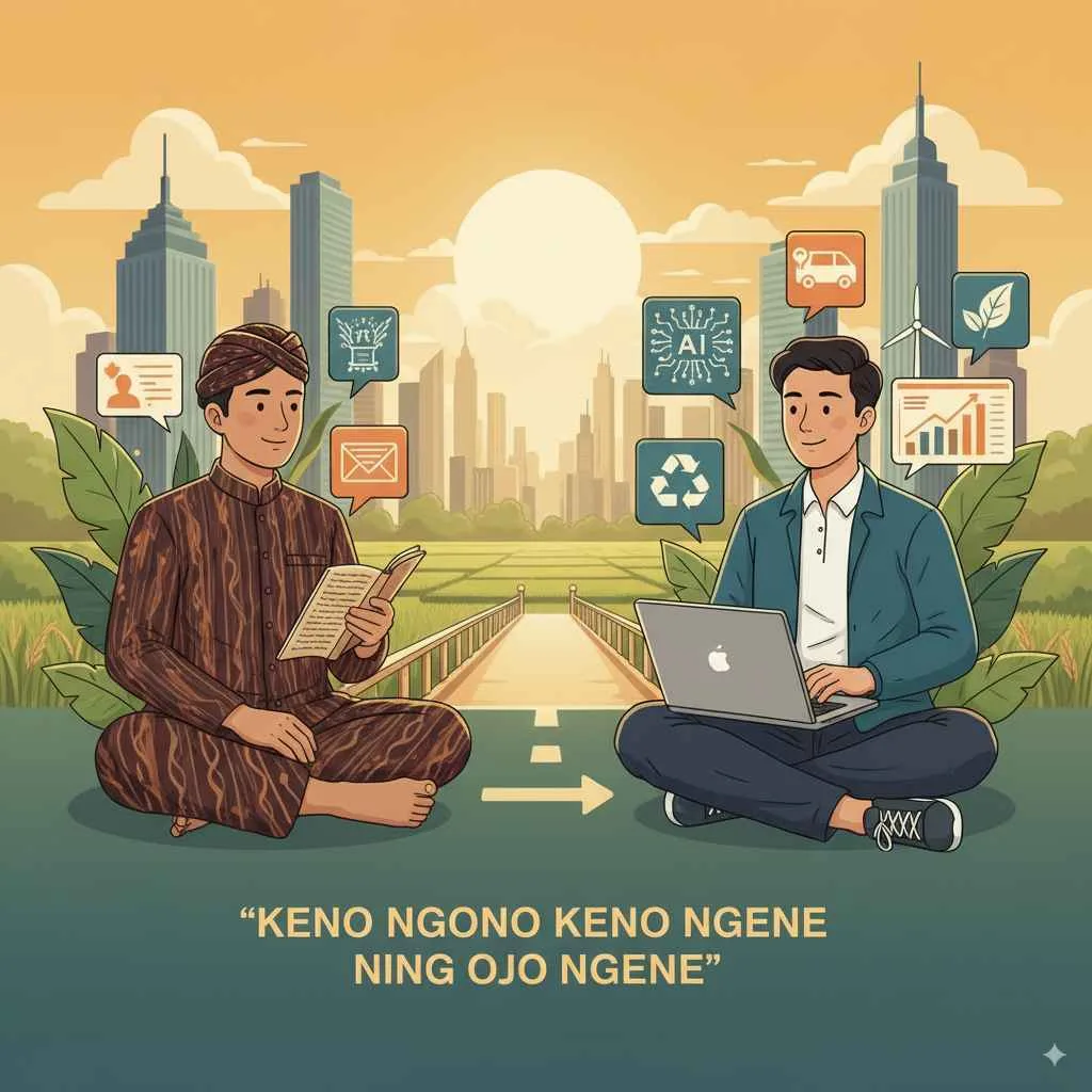 Ilustrasi filosofi Jawa “Keno Ngono Keno Ngene Ning Ojo Ngene” yang menghubungkan kearifan lokal dengan dunia modern dan inovasi bisnis.