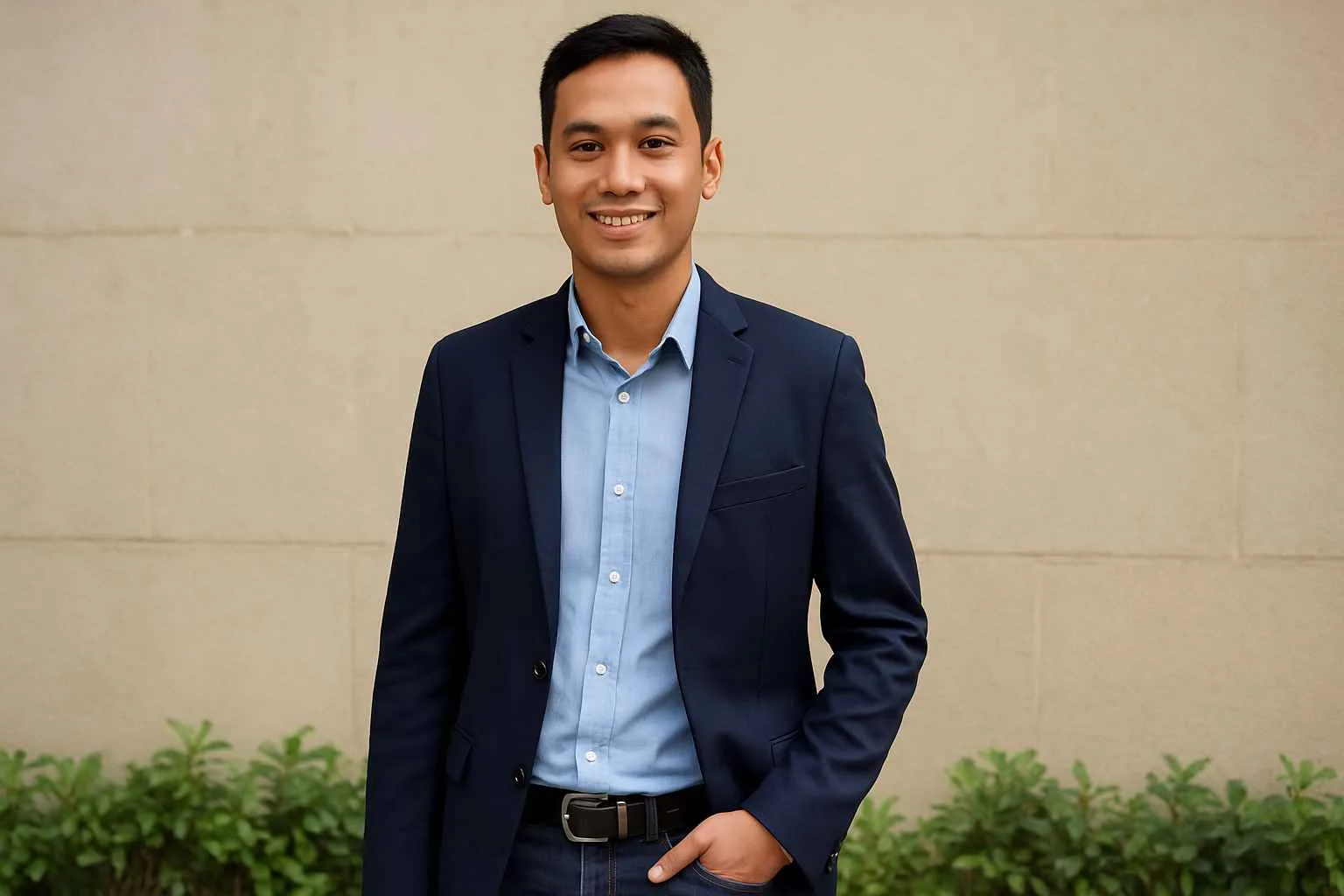 Pria muda Indonesia bergaya smart casual dengan blazer navy, kemeja biru muda, dan jeans gelap.