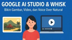 Ilustrasi Google AI Studio & Whisk dengan karakter, laptop, dan gambar suasana Indonesia
