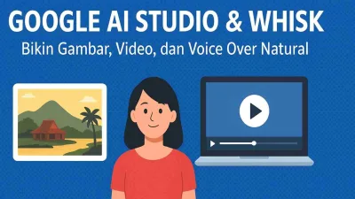 Ilustrasi Google AI Studio & Whisk dengan karakter, laptop, dan gambar suasana Indonesia